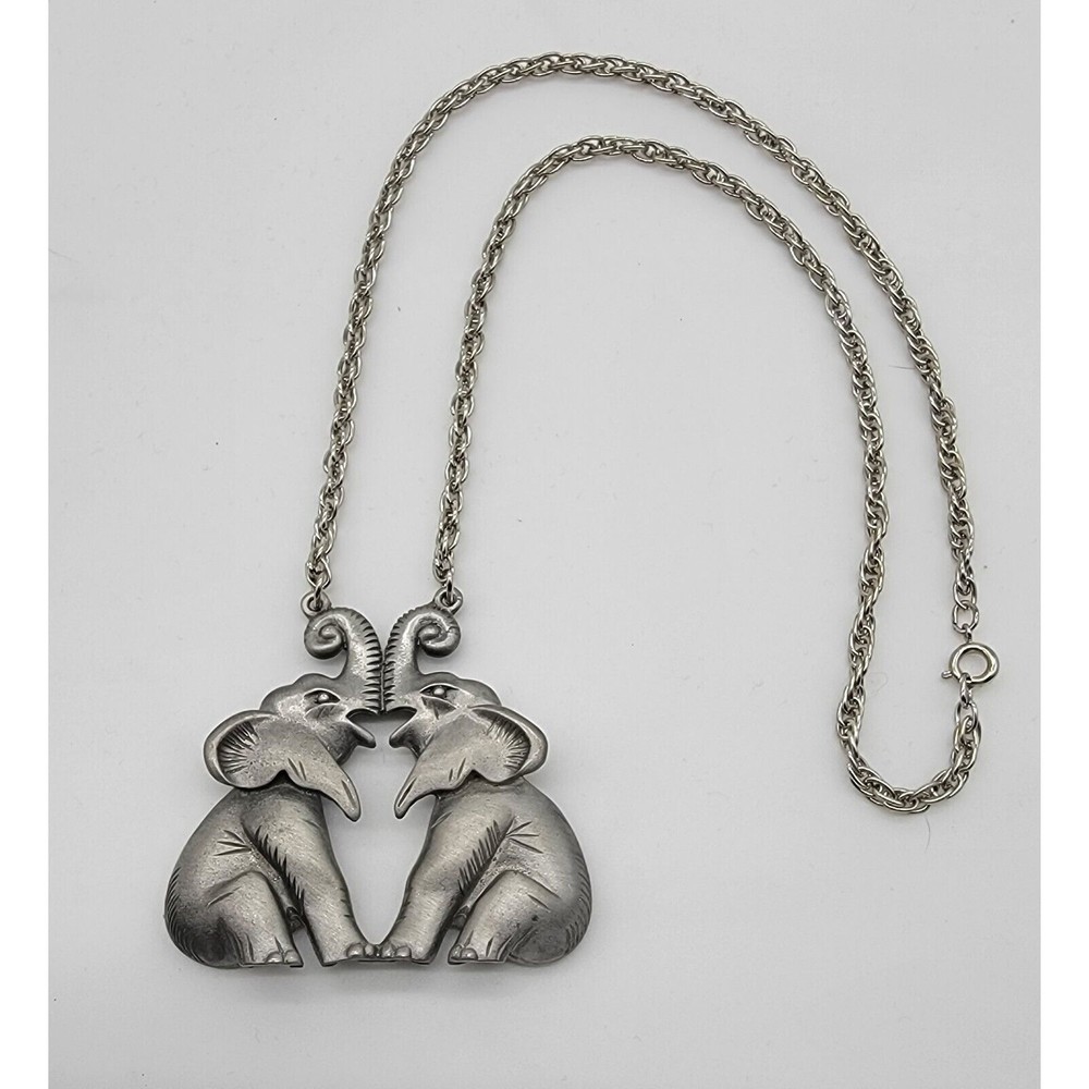 Vintage Pewter Two Elephant Trunk Up Big Pendant Silver Tone Necklace